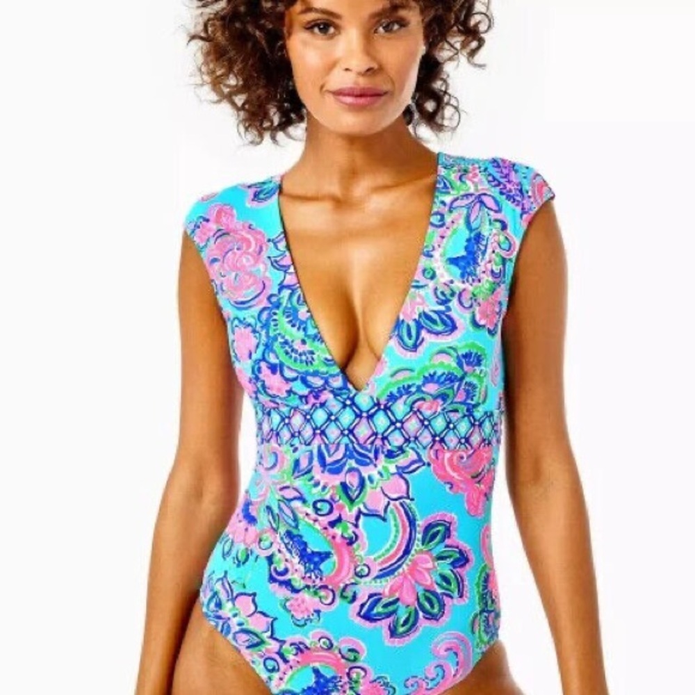 Lilly Pulitzer Women's Imogen Blue Cap Sleeve One-Piece Swimsuit, Size 8